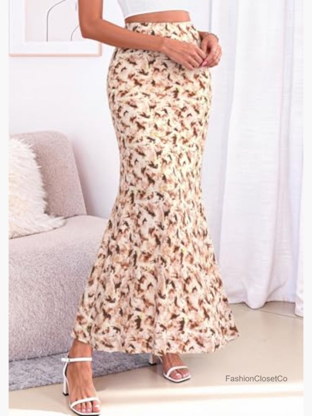 Women's Maxi Skirt High Waisted Mermaid Ruffle Flowy Office Work Long Slip Skirt - Picture 3 of 7